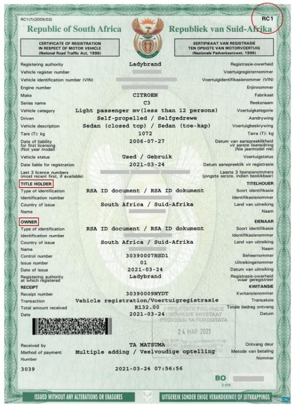 Download South Africa motor vehicle registration certificate Photoshop template